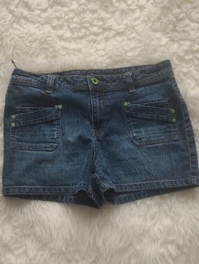 Dark Blue Denim Women's Jean Shorts with Green Button Accents